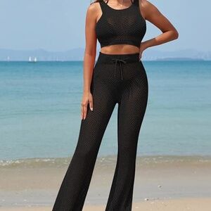 Women's Black Swimsuit Cover Up Set 2 Pieces Crochet/Mesh